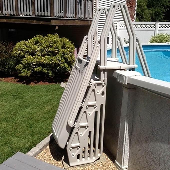 Vinyl Works 24 Inch Double Pool Step Ladder with Gate, Adjustable Stair Entry System with Handrails for Above Ground Swimming Pools, Taupe