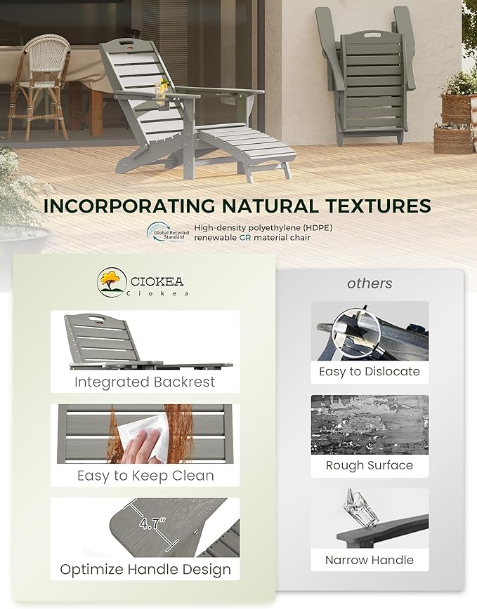 Ciokea Folding Adirondack Chair Set of 2 with Retractable Ottoman, Outdoor Fire Pit Chair with Pull Out Foot Rest Weather Resistant Lawn Patio Chair with 2 Cup Holder (Gray)