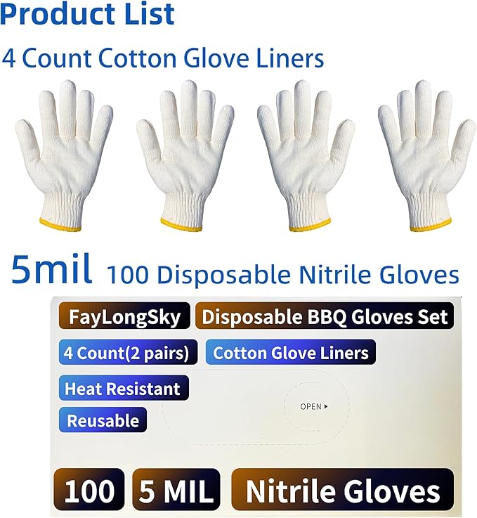BBQ Gloves Disposable Heat Resistant - 4 Reusable Cotton Liners & 100 Nitrile Gloves for Barbecue Smoker, Grilling, Cooking Hot Meat, Food Prep - 5Mil, Non-Slip Grip, Black Large