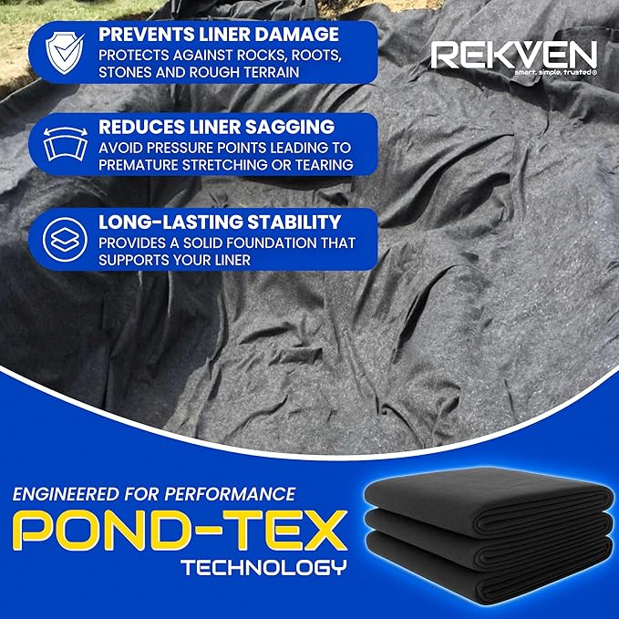 Pond Liner Underlayment - 15 x 20 Feet - Non Woven Geotextile Landscaping Fabric with 20 U-Pin Garden Staples - Perfect for Fish Koi and Preformed Ponds Fountains Waterfalls