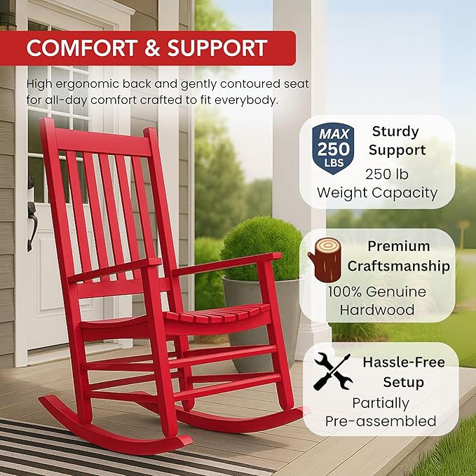 Shine Company Vermont Porch Rocker, High Back Wood Rocking Chair, Chili Pepper