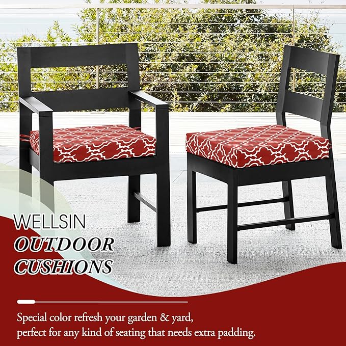 Wellsin Outdoor Chair Cushions for Patio Furniture - Outdoor Cushions for Chairs - Water Resistant Patio Chair Cushions Set of 4, 18.5"X16"X3", Trellis Red