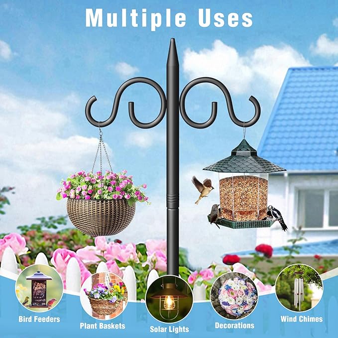 Double Shepherds Hooks for Outdoor, 76 Inch Heavy Duty Bird Feeder Pole with 5 Prongs Base, Adjustable Shepherds Hook for Bird Feeder, Garden, Weddings, Hanging Plant, 2 Pack