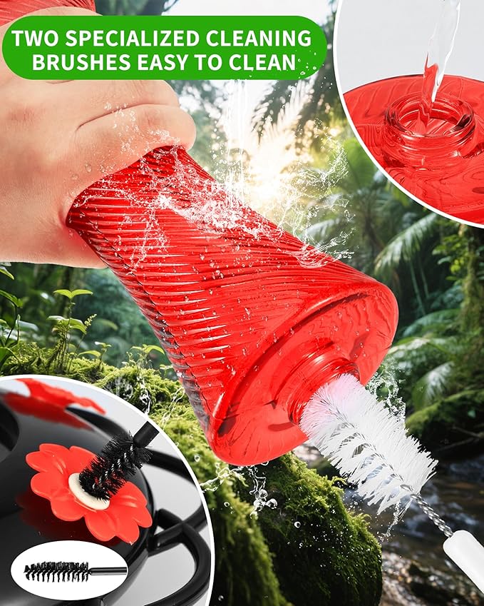 Hanging 20oz Glass Hummingbird Feeder with Moat, Small Outdoor Plastic Bird Feeder, Squirrel Proof, Ants, Outside Water Dispenser for Garden (Red Glass Birdfeeder)