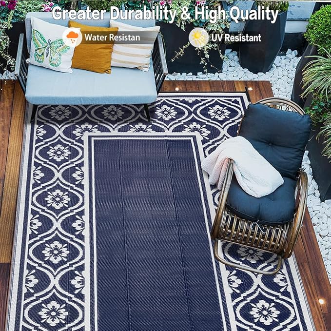 HUGEAR Outdoor Rug 8x10 Patio Camping Carpet Waterproof Mat Blue Outside Plastic Area Rug Reversible Rugs for RV Deck Entryance Porch Picnic Balcony Beach(8x10ft Navy Blue&White)