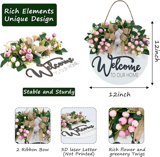 3D Spring Summer Welcome Wreaths for Front Door, Wood Door Hanger,Floral Porch Decor,Wall Plaque, Pink Flower Wreath,Farmhouse White Welcome Sign for Front door-13