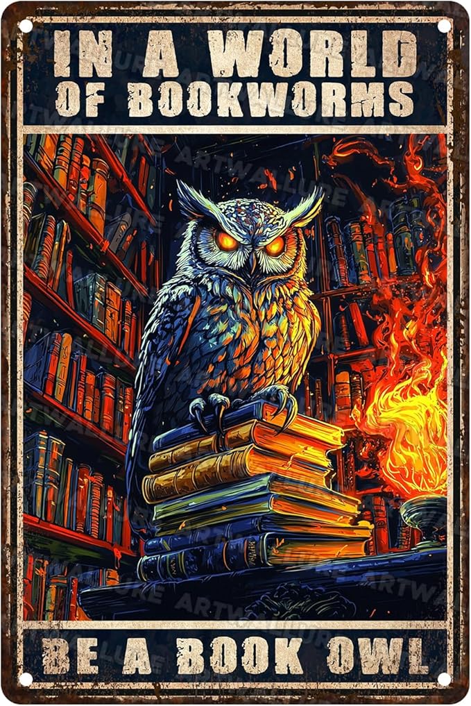 Vintage Owl Decor Retro Metal Poster In a World Full of Bookworms Be a Book Owl Wall Art Study Decor for Home Kitchen Bar Cafe Bathroom Club Cave Wall 8x12inch