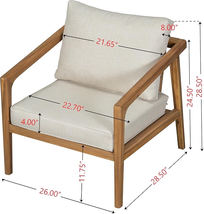Christopher Knight Home Set of 2 Leland Patio Furniture Acacia Wood Club Chairs, Outdoor Lounge Chair, Relaxing Armchair/Accent Chair, Removable Cushion, Deep Seating, Sturdy Construction, Teak+Beige