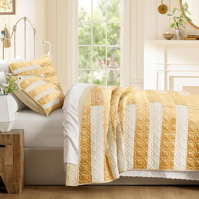 Wonderful Patchwork Quilt Set King Size Bedding Set, Cotton Floral Bedspread Splicing Piano Key Design, Rustic Coverlet Ginger Yellow