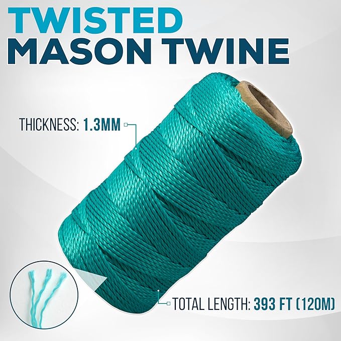 Mason Line String 1.3mm Thick Twisted Polypropylene – Durable Construction Twine for Laying Bricks, Blocks, Fences in Gardening, DIY & Landscaping Projects (Green, 393 Ft)