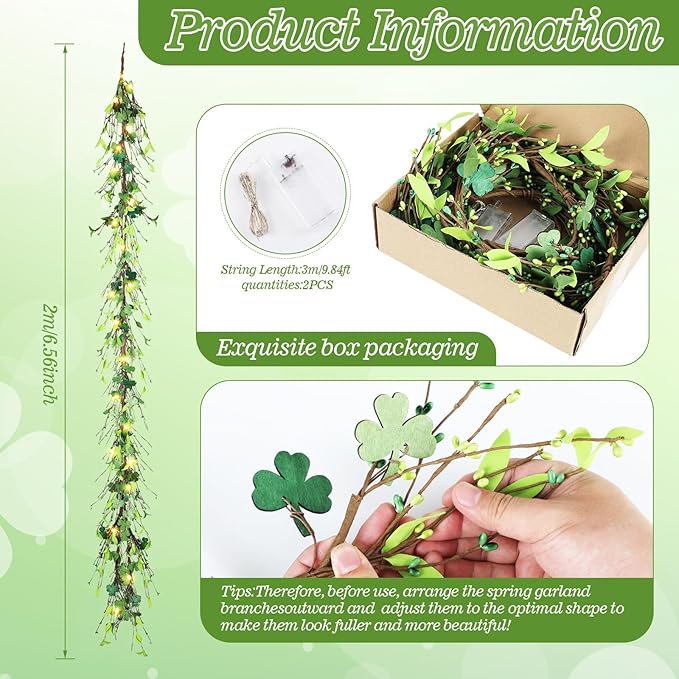 6.5 Ft St.Patrick's Day Garland Lucky Shamrock Wreath with LED Lights Artificial Green Clover St Patrick's Day Hanging Wreath Garland for Front Door Arch Wall Irish Festival Party Decoration