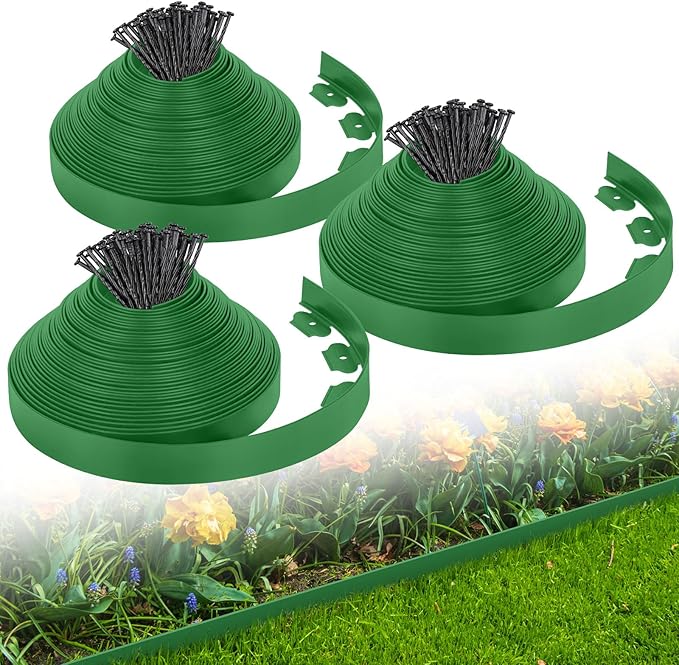 2-Inch x 200 FT Landscape Edging Border with 300 Stakes, Plastic Garden Edging Border Kit, Flexible No Dig Lawn Edging Border for Garden Flower Beds Yard Pathway Paver (Green)