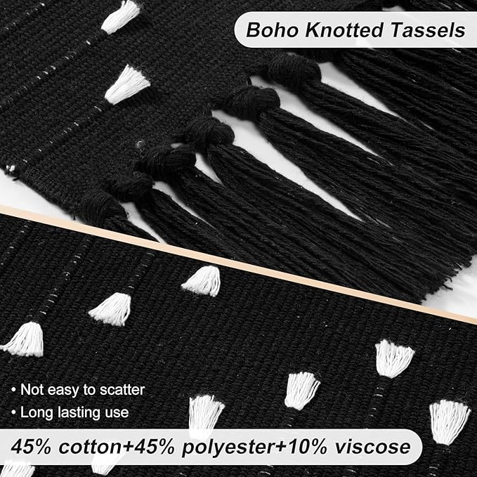 LIVEBOX Boho Black Kitchen Rug Non Slip, Washable Bathroom Runner Rug and Pad Gripper, Laundry Room Cotton Blend Woven Carpet Mat with Tassels (Set of Black Rug + Non Slip Pad, 2' x 4.3')