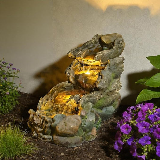 37" L Outdoor Water Fountain with 3 Tiers Cascading Realistic Tree Trunk Waterfall Fountains with LED Lights Outdoor Water Fountain for Garden Patio Backyard Porch Home Decor