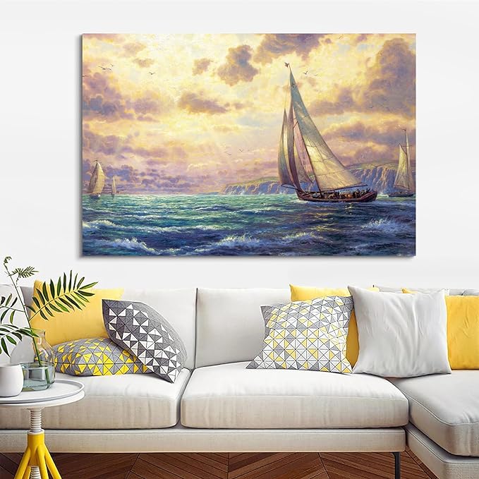 STUDIO HAVEN Thomas Kinkade Canvas Wall Art, Ocean Sailboats Golden Sunset Rushing Waves and Coastal Cliffs Oil Painting Poster Nautical Wall Decor, Framed Prints for Home Decor, 48x32Inch