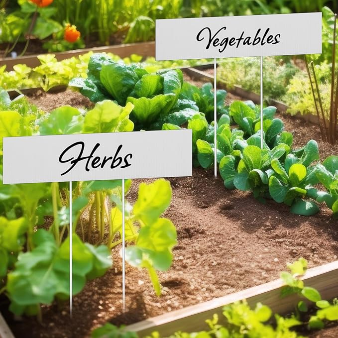 10 Set Jumbo Outdoor Plant Label Stakes Waterproof Nursery Garden Markers Plastic T Type Plant Tag Identification Stake with Marker Pen for Herb Vegetable Flowers, 12" High(White)