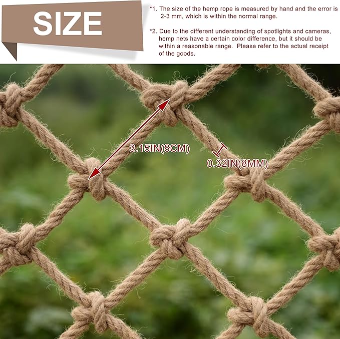 Safety Hemp Rope Net Kids Climbing Safety Netting Children Balcony Stairs Fence Railing Garden Playground Protection Heavy Duty Tree House Indoor&Outdoor Decor Rope Net 8mm/8cm 3.3x9.8ft(1x3m)