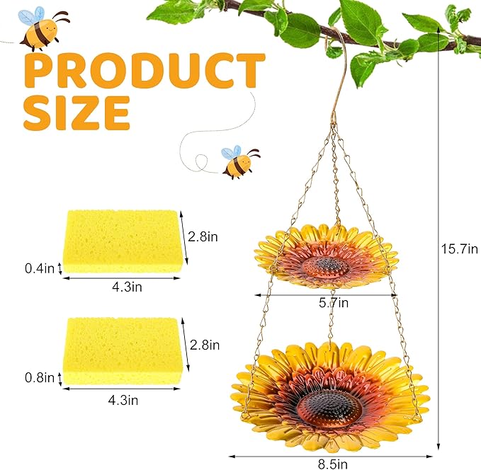 DECOHS Double-Deck Bee Feeder with Vivid Flower Design, Anti-Rust Iron Butterfly Bee Watering Stations with 2 Sponge, Hanging Butterfly Bath Bowl Bee Drinking Cup for Garden Yard Outdoor Decor