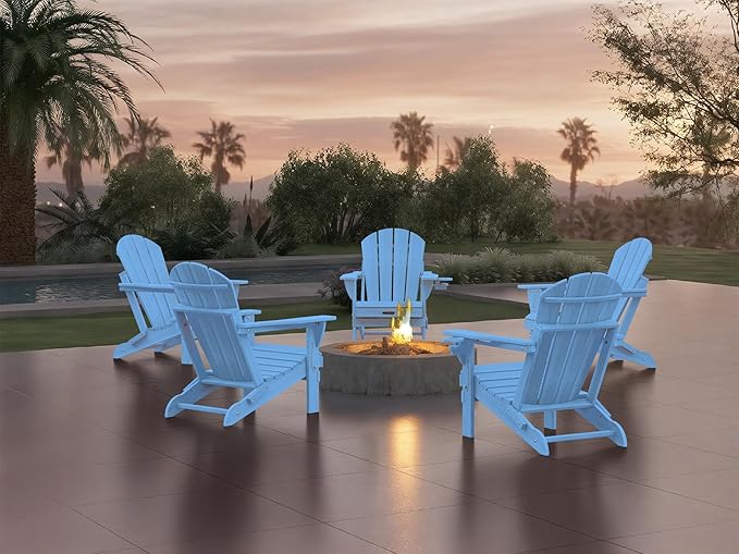 Ciokea Folding Adirondack Chair Wood Texture, Patio Adirondack Chair Weather Resistant, Plastic Fire Pit Chair with Cup Holder, Lawn Chair for Outdoor Porch Garden Backyard Deck, Baby Blue