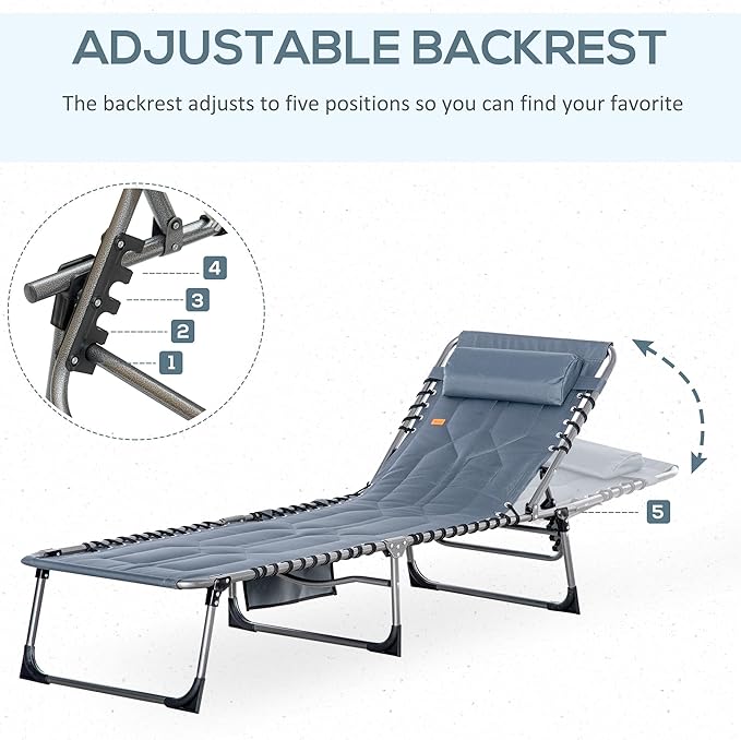 Outsunny Padded Folding Chaise Lounge Chair, Outdoor 6-Level Reclining Camping Tanning Chair with Headrest for Beach, Yard, Patio, Pool, Gray