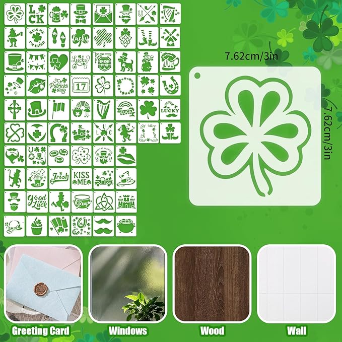 72 Pcs St Patricks Day Stencils for Painting Set, Reusable Shamrock Leaf Hat Beer Mugs Painting Templates - Stencil Crafts Drawing Templates for DIY Scrapbook, Home Wall Murals, Canvas Wood Signs