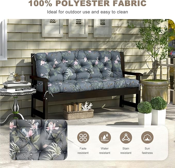 Porch Swing Cushion with Backrest,Waterproof Bench Cushion for Outdoor Furniture,2-3 Seater Replacement Thickened Swing Cushion with Ties,Patio,Outdoor,Backyard and Garden (Tropical Blossom,40x40")