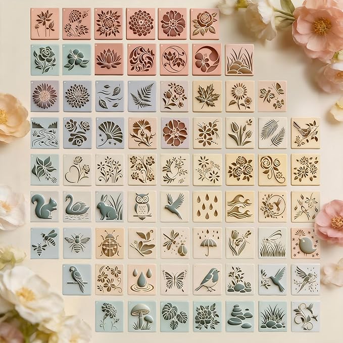 Marspark 72 Pcs Spring Easter Small Stencils for Crafts Reusable 3 Inch Stencils for Painting on Wood DIY Craft Paint Template for Wall Home Decor Card Rock Canvas Drawing Holiday (Flower Plants)