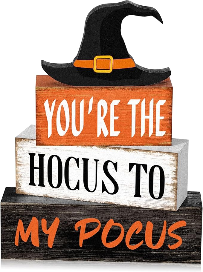 4 Pcs Halloween Hocus Pocus Table Decor Witch Hat Wooden Signs Distressed You're the Hocus to My Pocus Tabletop Centerpieces Witch Tiered Tray Decor Rustic Halloween Decorations for Home Desk