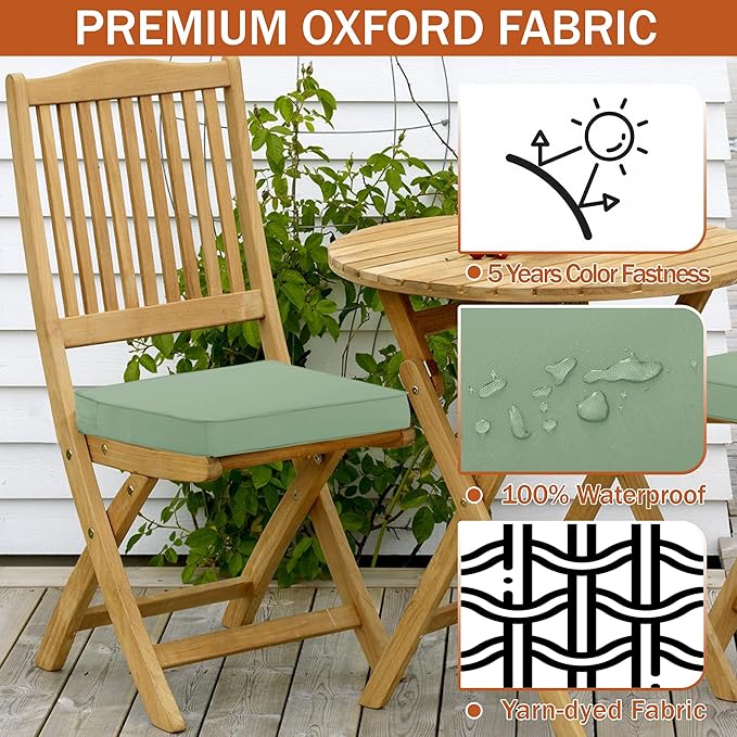 Outdoor Chair Cushions 16 x 17 Inch, Set of 4, Waterproof Patio Chair Cushions with Tie 5 Year Color Fastness Thick Outdoor Seat Cushion for Garden Lawn Patio Furniture Sage Green