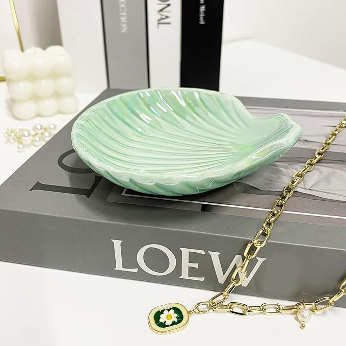 Ceramic Shell Ring Holder Dish, Small Shell Trinket Dish, Beachy Jewelry Plate for Earrings Necklace Valentine's Mother's Day Christmas Birthday Gifts for Women, 3.9", Ice Green Iridescent Surface