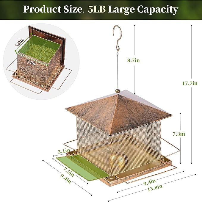Bird Feeder, Heavy Duty Metal Bird Feeders for Outdoor Hanging, 5LB Extra Large Capacity Wild Birdfeeder for Garden Yard Outside Backyard