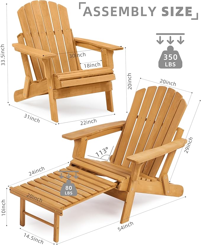 SoliWood Set of 2 Oversized Outdoor Wooden Folding Adirondack Chair with Retractable Ottoman, Wood Patio Chair with Footrest for Garden Backyard Porch Pool Deck Firepit