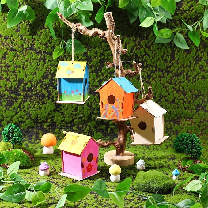 DoubleFill 12 Pcs 4.33" Wooden Bird Houses Bulk for Kids DIY Unfinished Hanging Birdhouse for Crafts Art Wood Toys boy Girl Class Activity Creative Project Parties Design Valentines Crafts