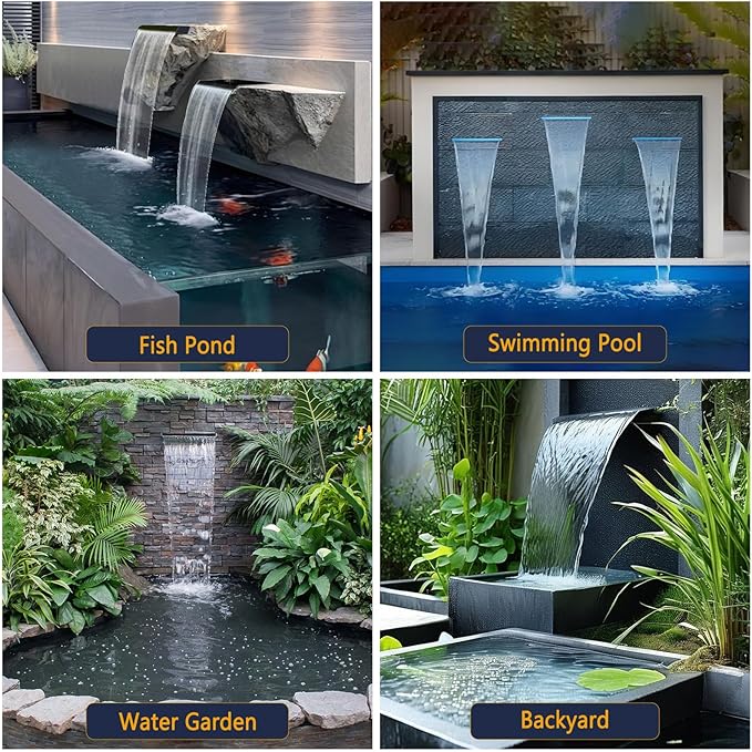 AquaMiracle Pond Waterfall Kit with LED Lights, All-in-1 Stainless Steel Spillway with 800GPH Water Pump, Outdoor Waterfall Fountain for Garden, Backyard & Pool Decor (18inch)