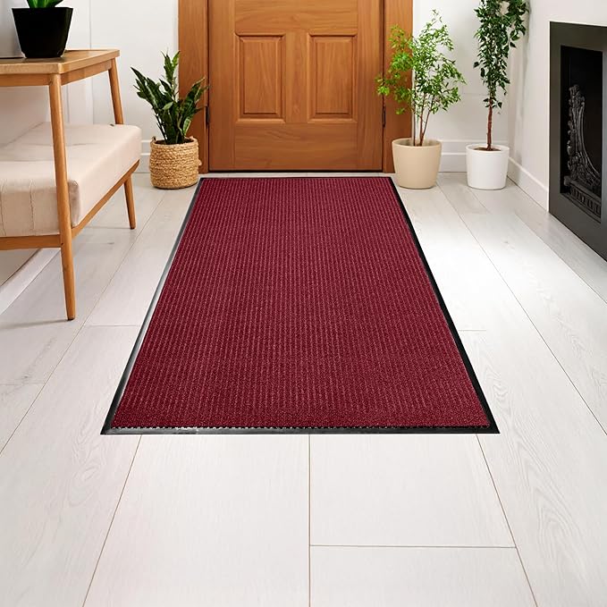 LuxUrux Striped Red Door Mat - Heavy Duty, Indoor/Outdoor, Easy Clean, Waterproof, Low-Profile (4 x 8 Feet) - Ideal for Entry, Patio, Garage - Durable Solution for High Traffic Entrance Ways