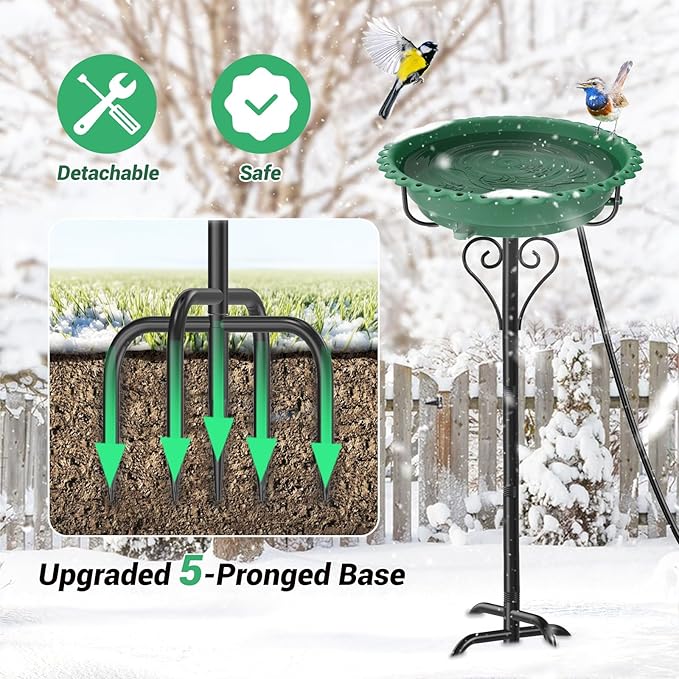 Heated Bird Bath for Outside Winter, Powerful 100W Thermostat Control Water Heated BirdBaths Bowl for Outdoors with 5-Prong Metal Base Heated Bird Bath for Garden Patio Yard Lawn (Green)