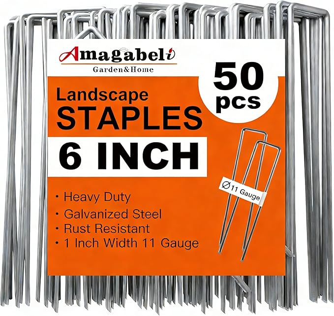 AMAGABELI 6 Inch 50 Pack Galvanized Landscape Staples 11 Gauge Anti-Rust Heavy Duty Garden Stakes Plant Cover Spikes U-Shaped Sod Pins Fence Stakes for Weed Barrier,Irrigation Tubing,Lawns,Decoration