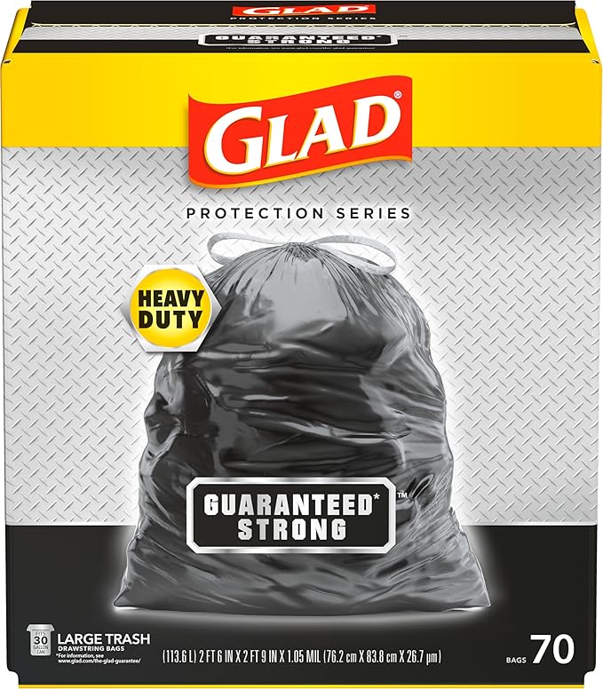 Glad Protection Series Large 30 Gallon Trash Bags, Unscented Heavy Duty Garbage Bags, with Drawstring, 70 Count (Packaging May Vary)