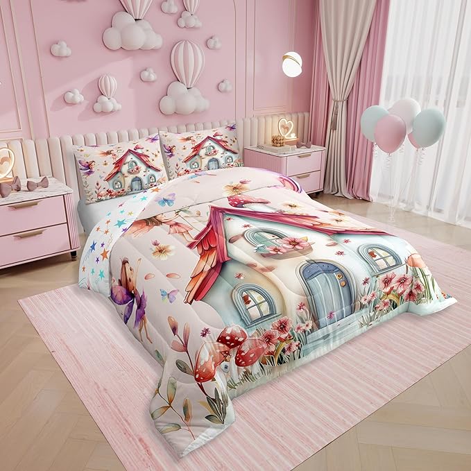Erosebridal Floral Fairy Full Comforter Set,Dreamy Fairy Garden Bedding Sets for Girls Kids,Cute Mushroom Butterfly Quilt Bed Set,Kawaii Girly Flower Bedroom Decor,2 Pillowcases Breathable