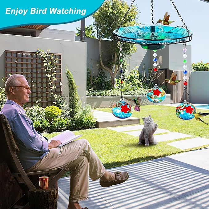 Hummingbird Feeder and Bird Bath for Outdoors 2-in-1 for Small Birds - Hummingbird Bath Fountain with 3 Red Feeder Pots - Hanging Solar Bird Bath Fountains NY1-FN04