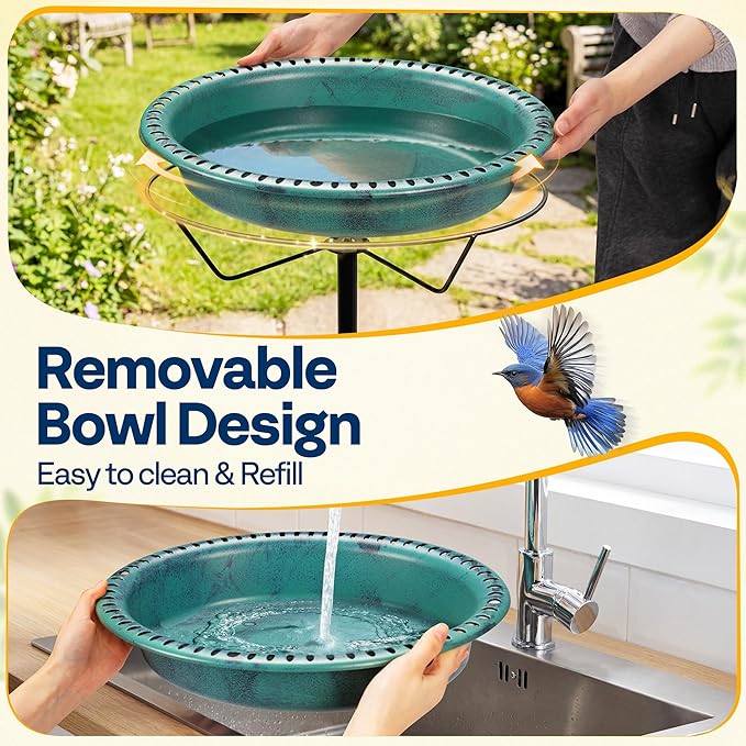 VIVOHOME Oval Bird Bath for Outside, Outdoor Birdbath Bowl with Metal Ground Stake, Weather-Resistant ABS Bird Bath and Feeder for Garden, 1.3 Gallons, Green