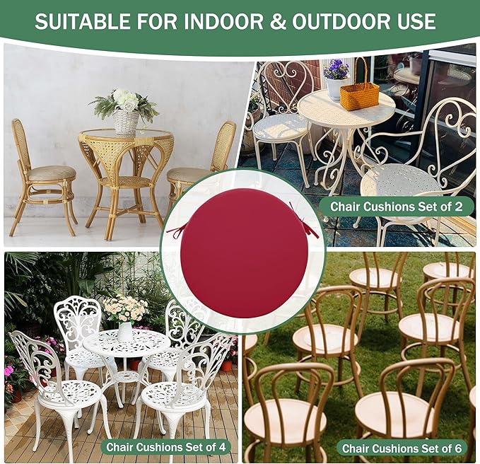 Outdoor Bistro Chair Cushions Set of 2, 15" D x 3" H Round Chair Cushions Waterproof and Fade Resistant Chair Cushion Pads with Non-Slip Ties and Removable Covers for Garden, Burgundy