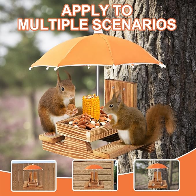 Gnodary Squirrel Feeder with Umbrella, Squirrel Feeders for Outside, Squirrel Picnic Table Feeder - Chipmunk Feeder Hold Corn, Corn Cob, Peanuts Style2 (Bright Orange)