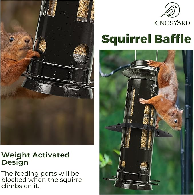 Kingsyard Squirrel Proof Bird Feeder for Outdoors Hanging, Metal Wild Bird Feeders with Removable Base and Baffle, Easy to Clean & Refill, 3 lbs Large Seed Capacity, Black