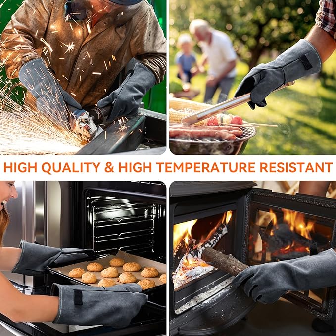 OZERO Welding Gloves for Men, 14-Inch Cowhide Leather Heat Resistant Work Gloves, EN388 EN407 EN12477 Type A Certified, Reinforced Palm, Insulated Lining, Long Cuff for BBQ Grill Oven, Gray
