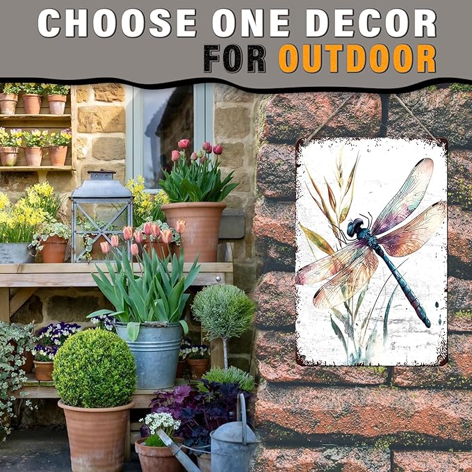 Dragonfly Garden Decor Watercolor Dragonfly Metal Tin Sign Vintage Wall Art for Home Decor Patio Garden Outdoor & Indoor Nature Inspired 12x16inch