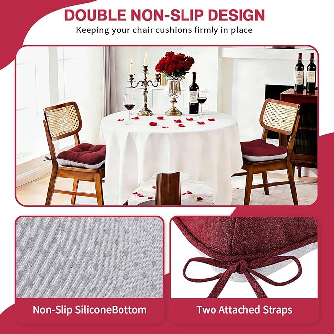 BETU Chair Cushions for Dining Chairs Set of 2,3.5" Thick Kitchen Table Chair Pads with Ties,Non Slip Backing and Covers, Christmas Decor Seat Cushion for Dining Room,Bar,Patio Chairs,16"X16"X3.5",Red