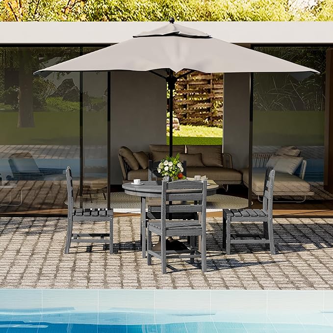 Pamapic 5 PCS Round Outdoor Dining Set, HDPE Outdoor Table and Chairs with 105° Ergonomic Backrest, Wood Grain Patio Dining Table with Umbrella Hole, Gray