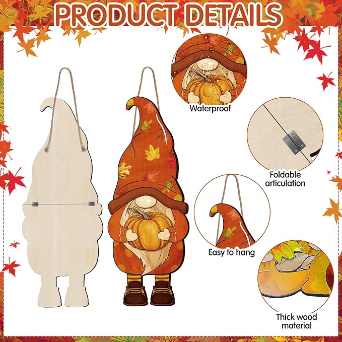 Thyle 2 Pcs Wooden Thanksgiving Gnome Sign 27 x 10 Inch Fall Hanging Gnome Front Door Decor Pumpkin Sunflower Welcome Sign for Fall Outdoor Indoor Front Porch Harvest Home Farmhouse Wall Supplies