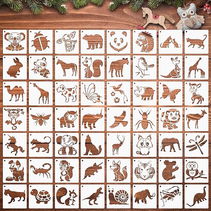 Augshy 56 Pieces Animal Stencils for Painting, 3 Inch Reusable Cute Animal Stencils for Drawing on Wood Rocks Canvas Fabric DIY Craft Card Glass Pottery